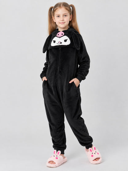 Flannel Hooded Pajama Jumpsuit with Appliqué