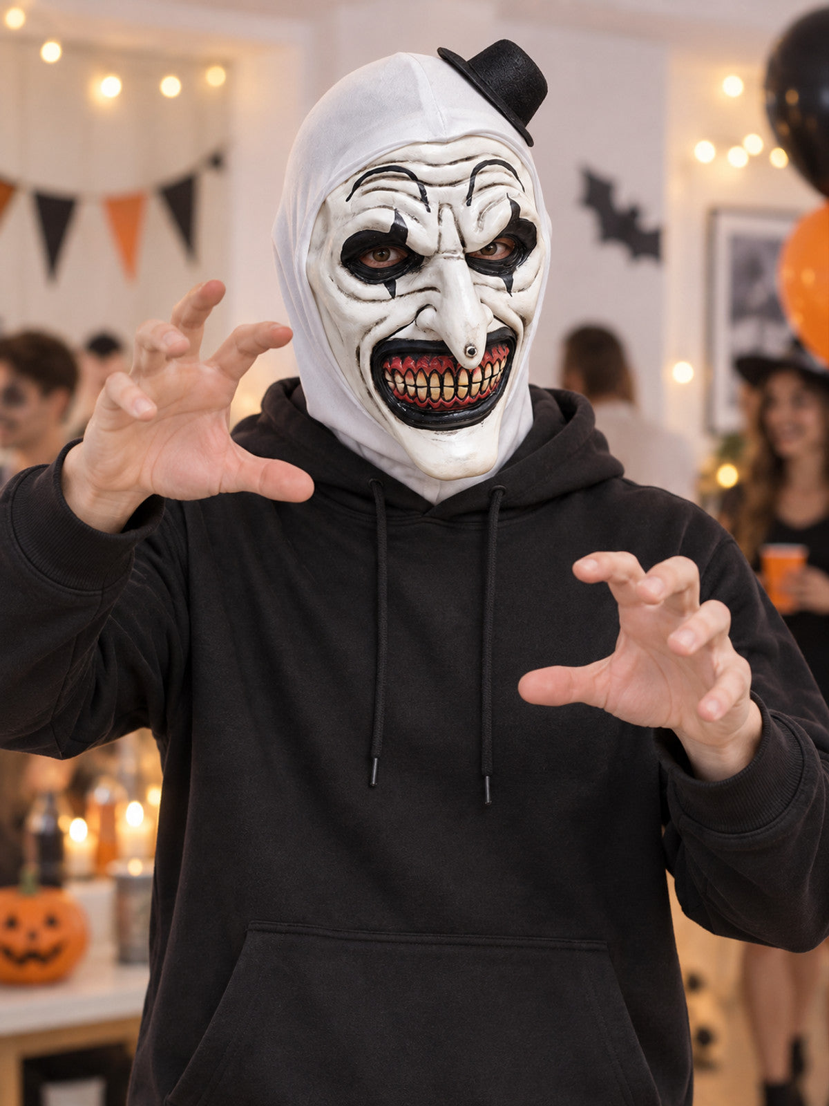 Sinister Clown Mask with Black Top Hat lifestyle view