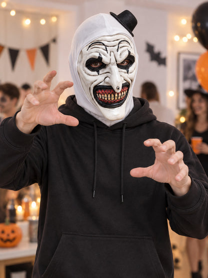 Sinister Clown Mask with Black Top Hat lifestyle view