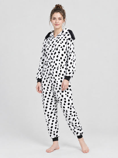White pajama jumpsuit with black spots and ears