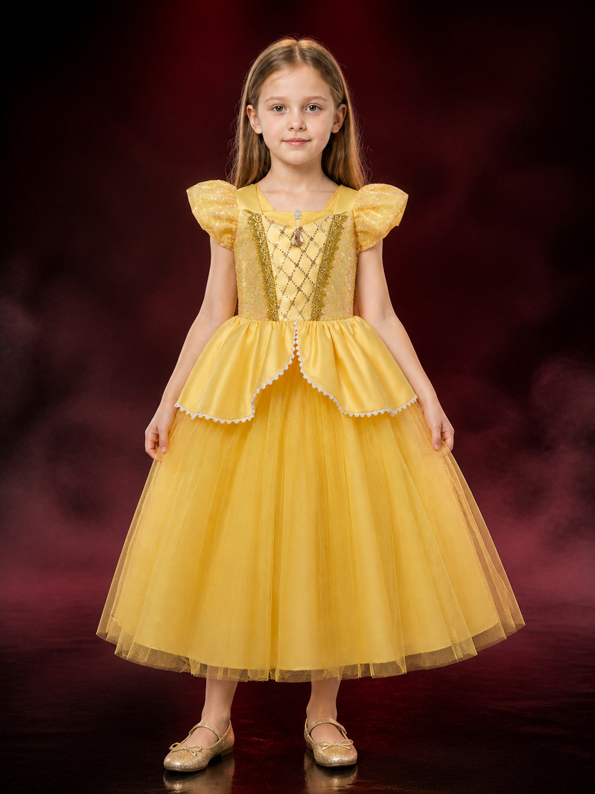 Girls Belle Princess Sequin Tulle Dress Costume for Halloween Birthday