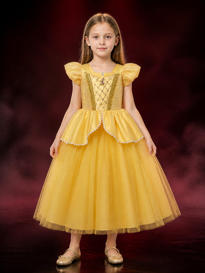 Girls Belle Princess Sequin Tulle Dress Costume for Halloween Birthday