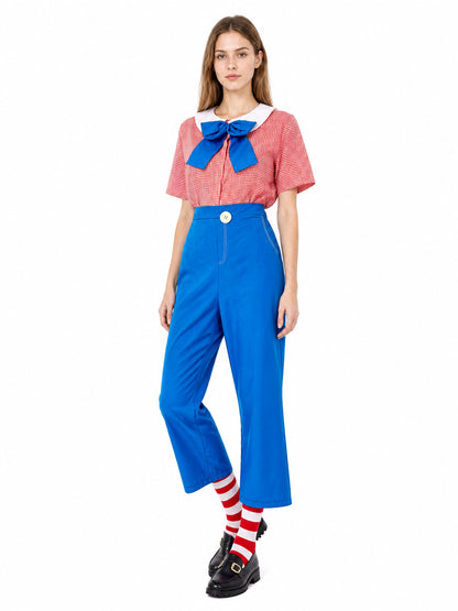 Red-and-white Checkered Clown Costume with Blue Pants