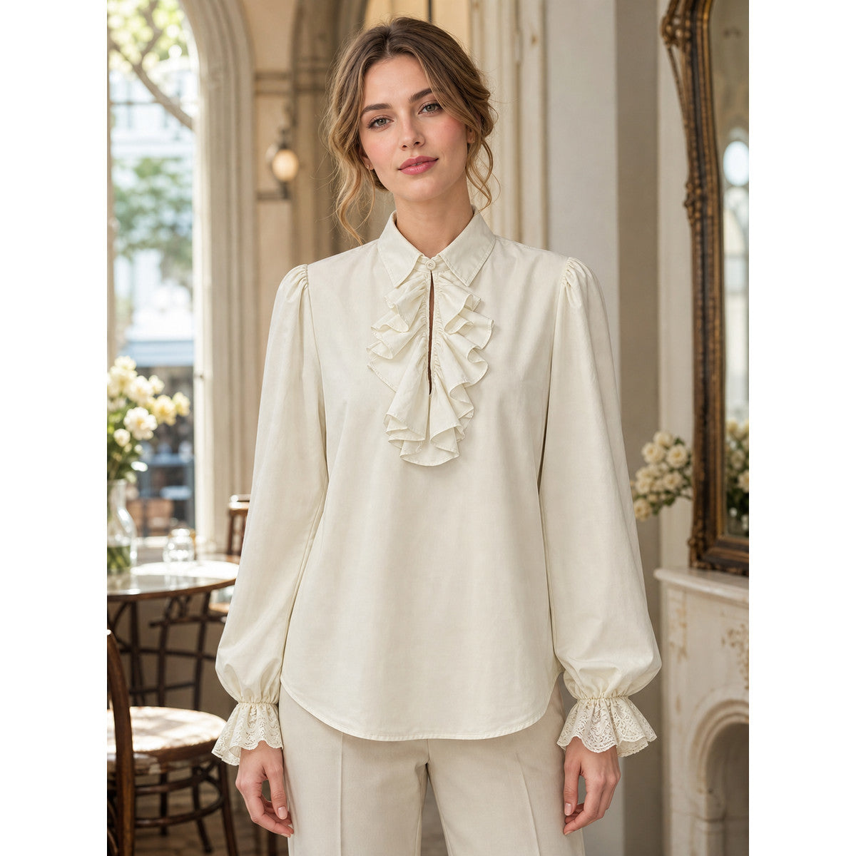Cream Ruffled Blouse with Lace Cuffs lifestyle view