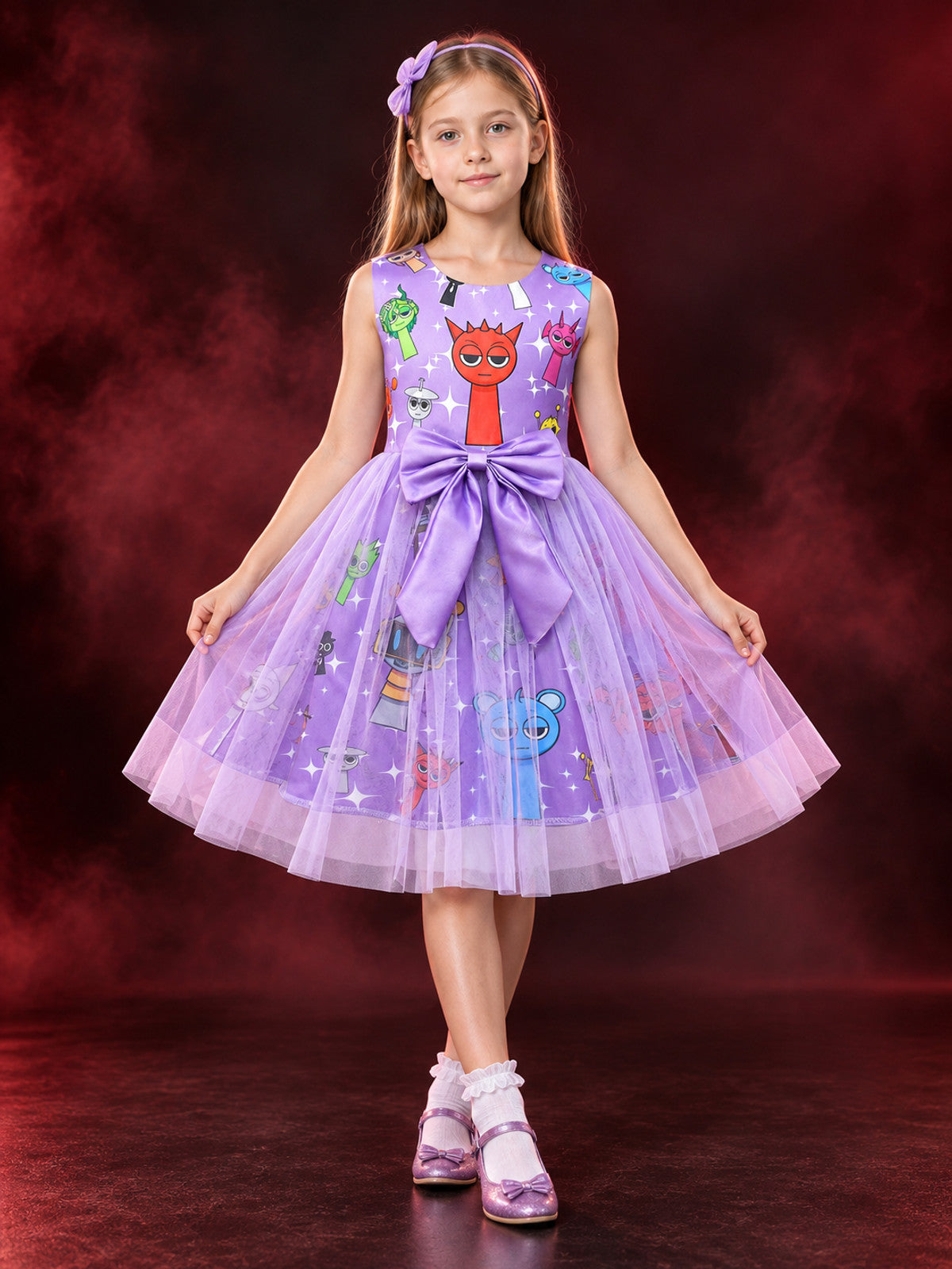 Purple sleeveless dress with bow and star print