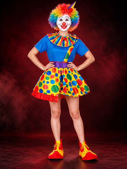 Clown Costume 7 Pieces Blue with Polka Dots, Jabot, and Wig