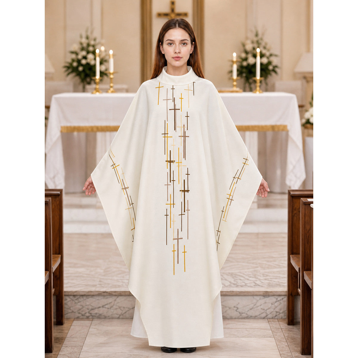 Ceremonial robe in a formal ecclesiastical style. The design features a loose lifestyle view
