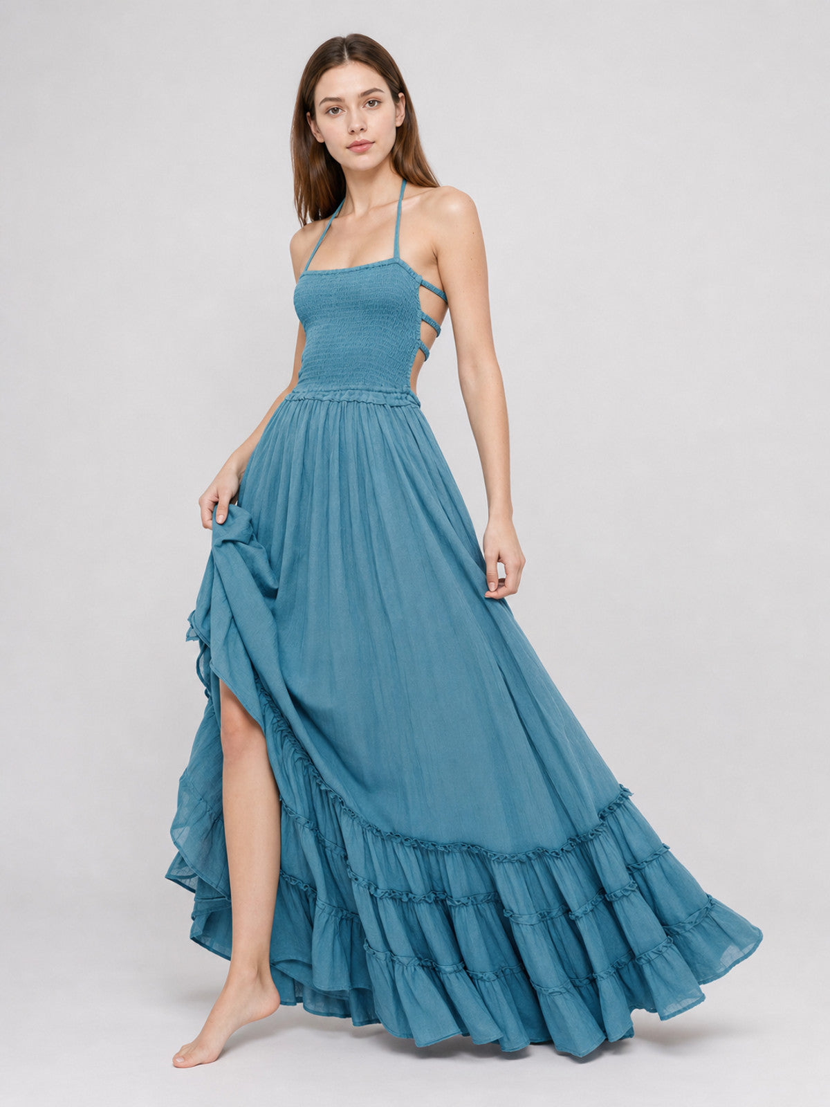 Boho Maxi Dress with an Open Back and Tiered Ruffles