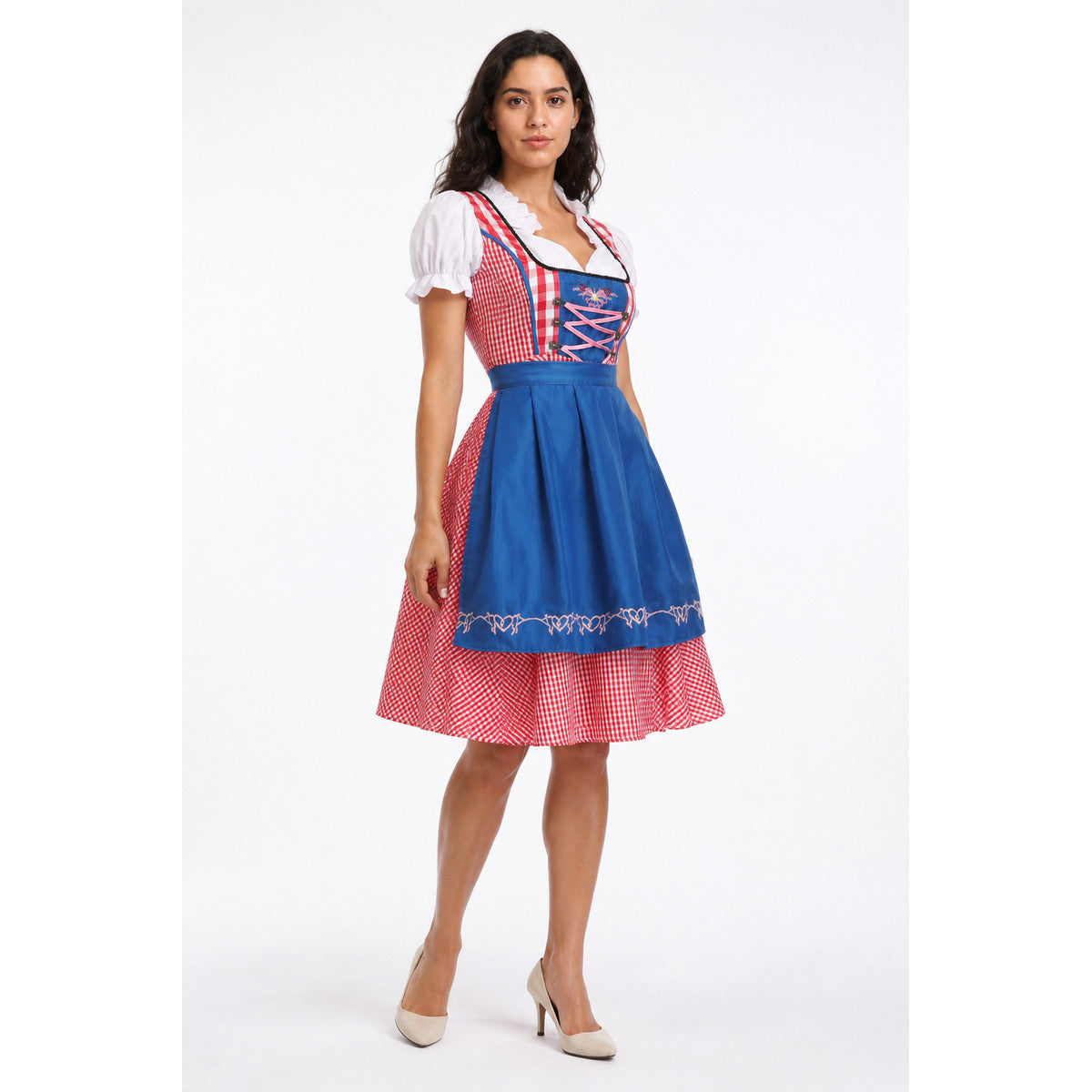 Bavarian Red Plaid Dirndl Dress with Apron Costume Dresses detail