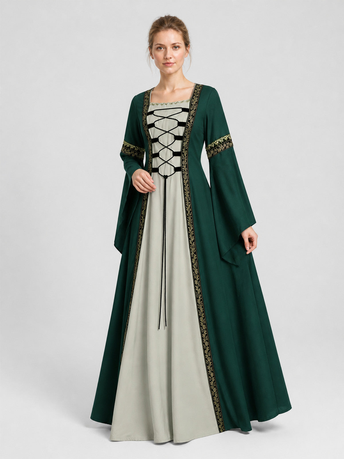 Long Medieval-Style Dress with Flared Sleeves Costume Dresses detail