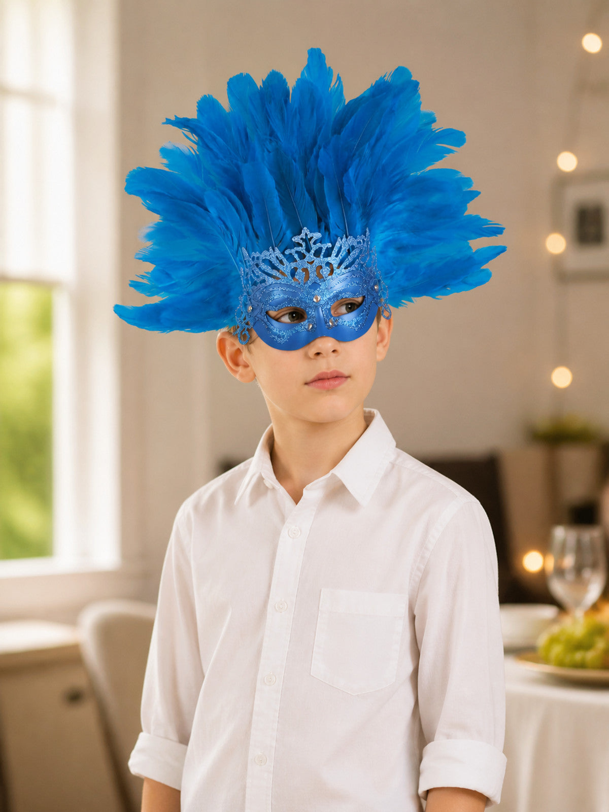 Blue feather masquerade mask with glittered eye covering and crown detail, shown on a child in a dining room