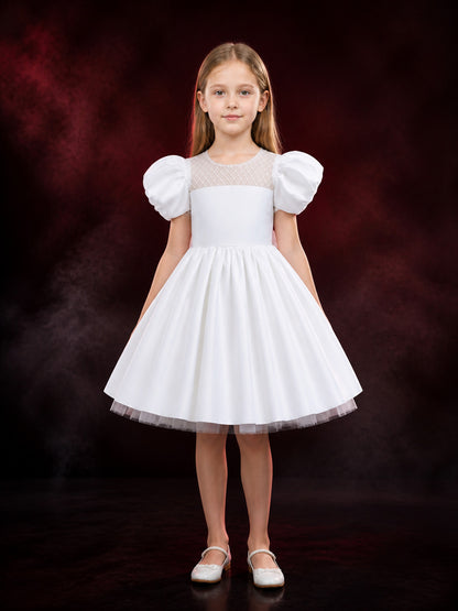 Girls' White Princess Dress With Puff Sleeves And Pleated Full Skirt main product view