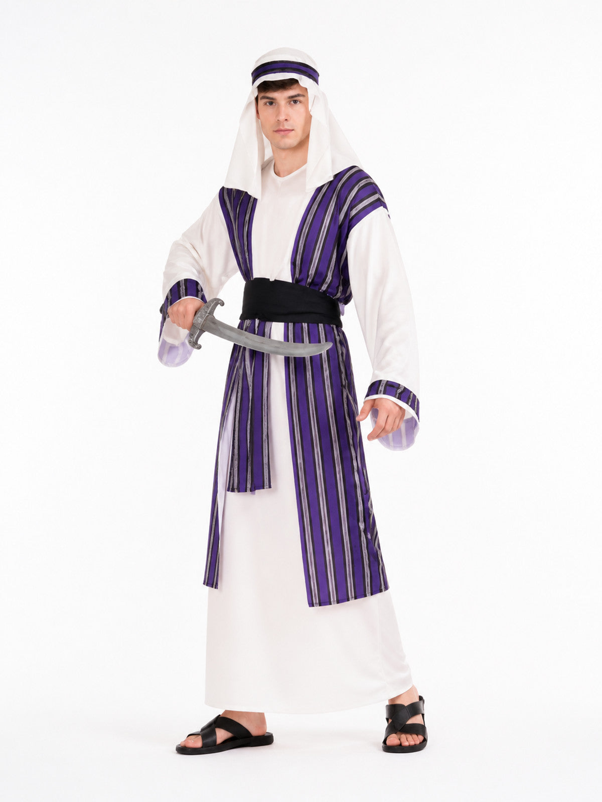 White Arabic Costume with Purple Stripes and Turban