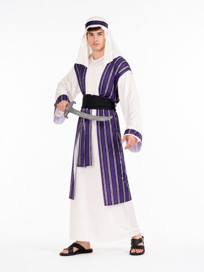 White Arabic Costume with Purple Stripes and Turban