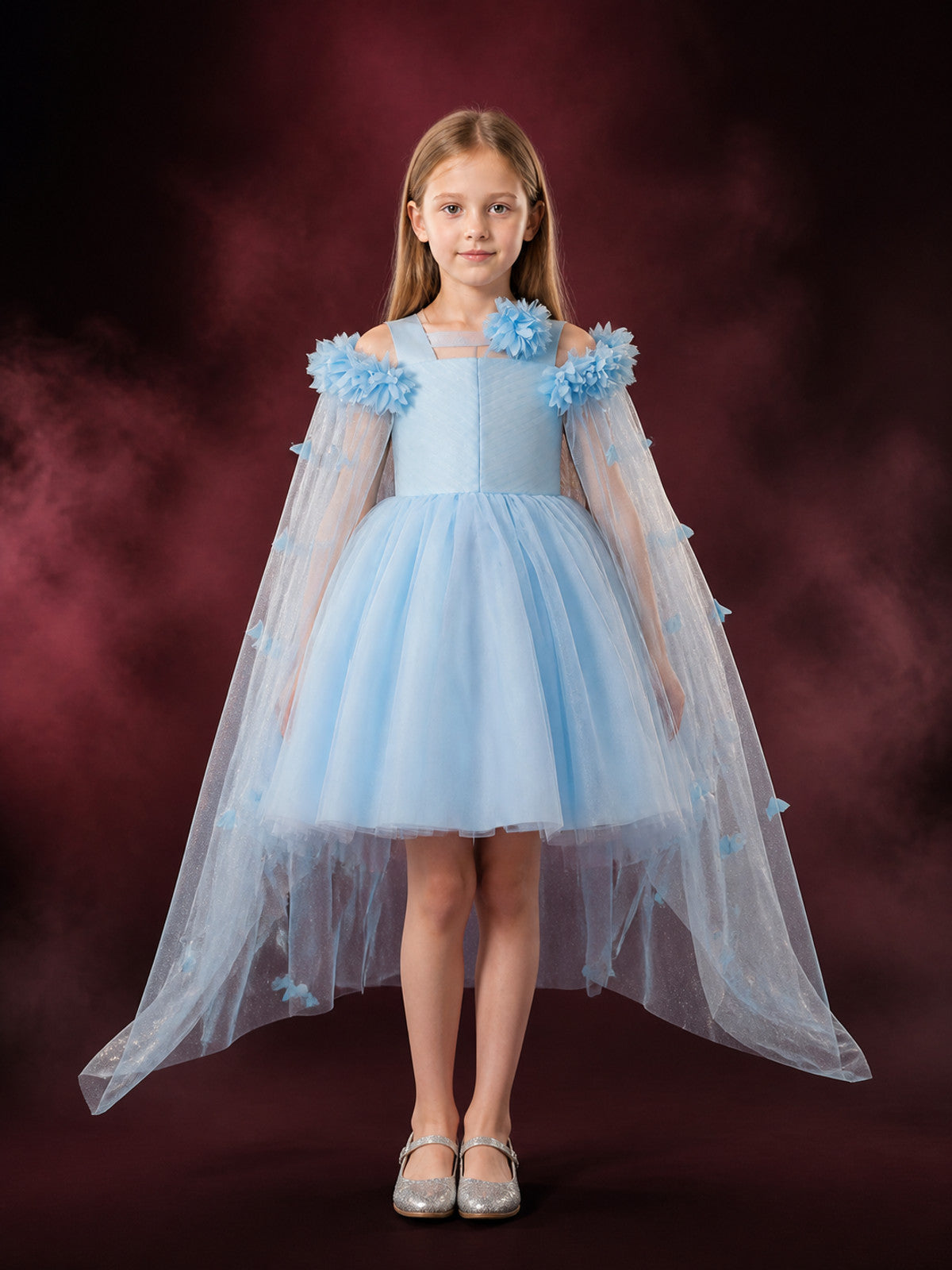 Girls' Light Blue Princess Dress, Off-Shoulder Floral Tulle Party Gown, Sizes main product view