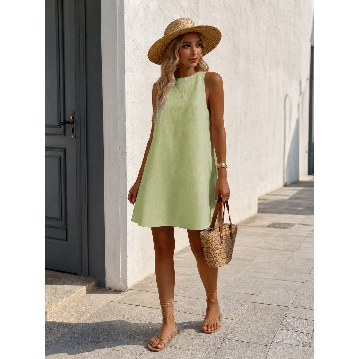 Women's Solid Color Sleeveless Dress with a Round Neckline lifestyle