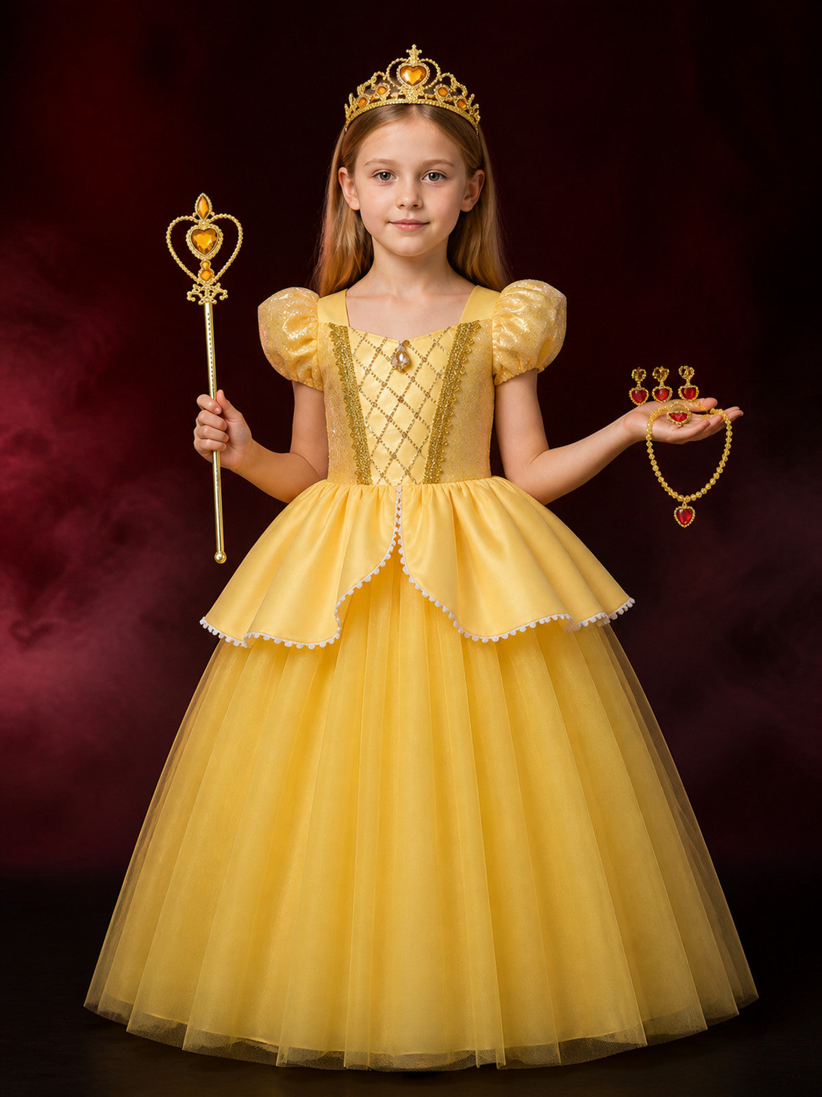 Girls Yellow Princess Sequin Tulle Dress Costume Set with Crown and Magic Wand