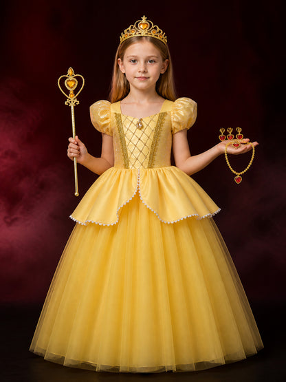Girls Yellow Princess Sequin Tulle Dress Costume Set with Crown and Magic Wand