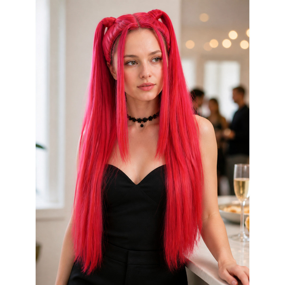 Pink-and-Red Curly Carnival Wig for Cosplay lifestyle