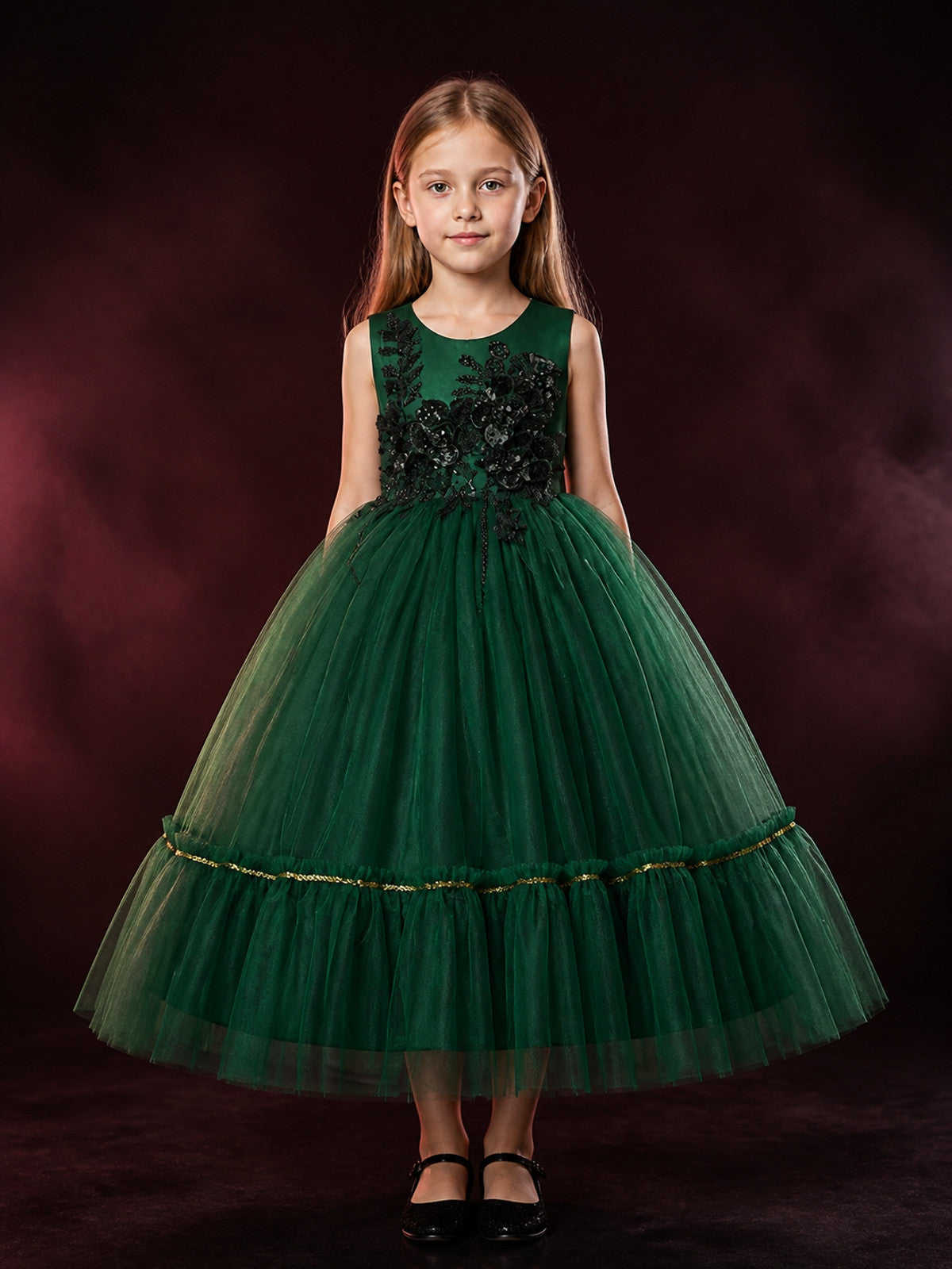 Girls' Dark Green Tulle Princess Dress, Lace Flower Embroidery, Gold Trim Formal main product view