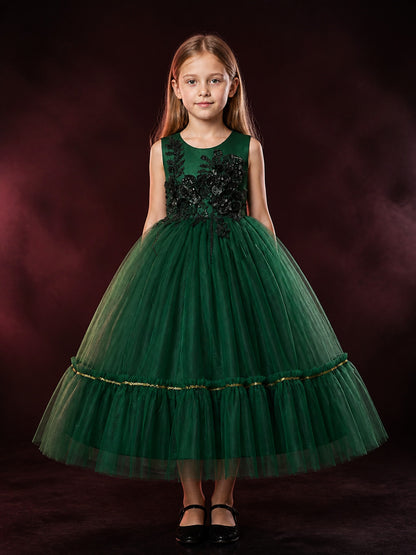 Girls' Dark Green Tulle Princess Dress, Lace Flower Embroidery, Gold Trim Formal main product view