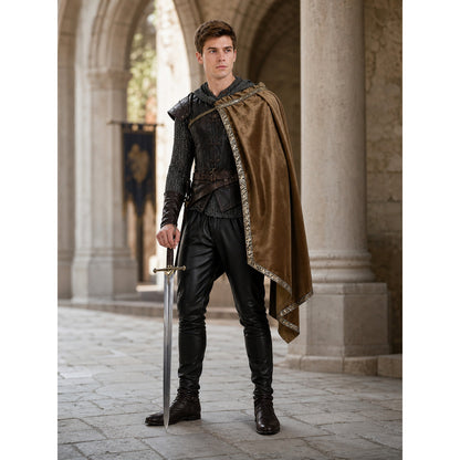 Brown hooded cape with patterned edging, shown on a man in a medieval-style costume holding a sword in an arched setting