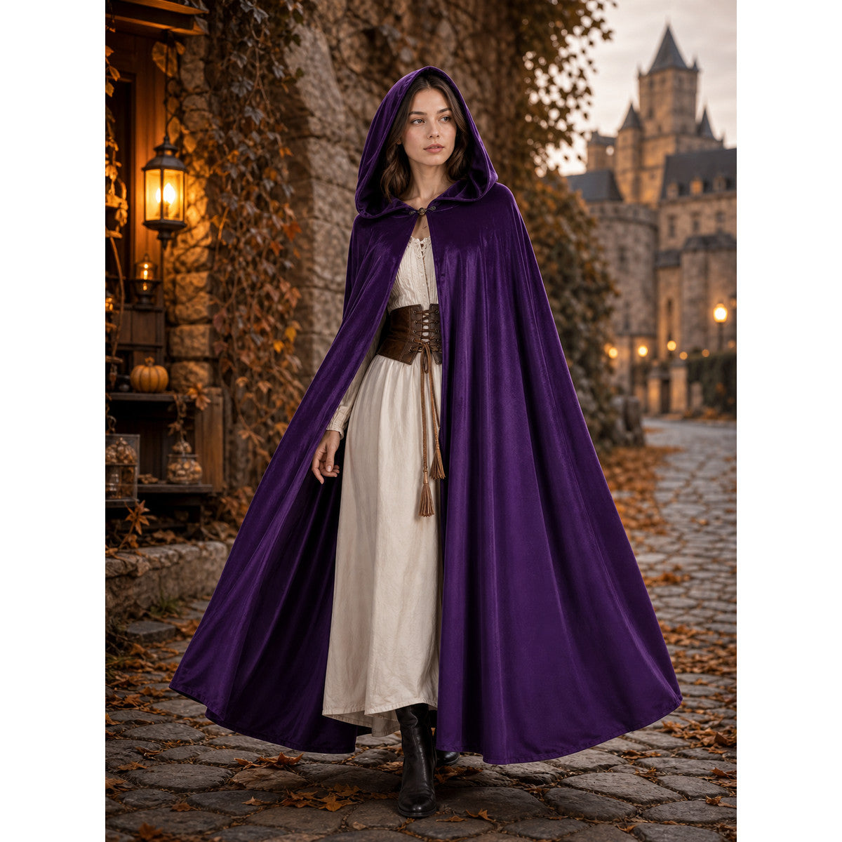 Purple hooded cape shown full-body on a model in a cobblestone village scene, with a wide flowing shape and front clasp