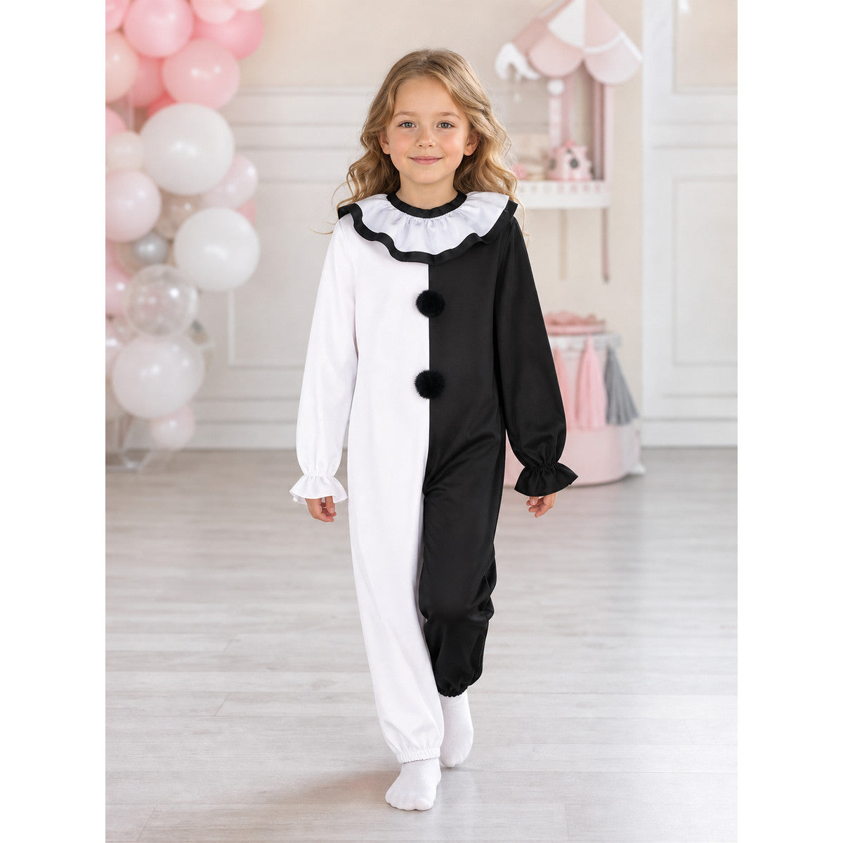 Black and White Clown Jumpsuit Costume for Halloween lifestyle view