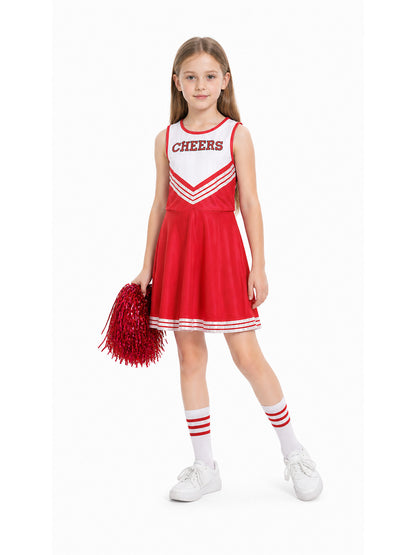 Red Children's Cheerleading Dress with White Stripes Costume Dresses detail