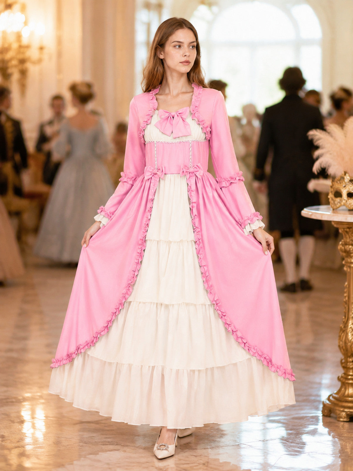 Pink and White Carnival Dress with Bow and Ruffles lifestyle view