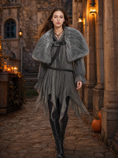 Dark gray plush-textured shoulder shawl with wide coverage and front clasp, shown on a full-body model outdoors