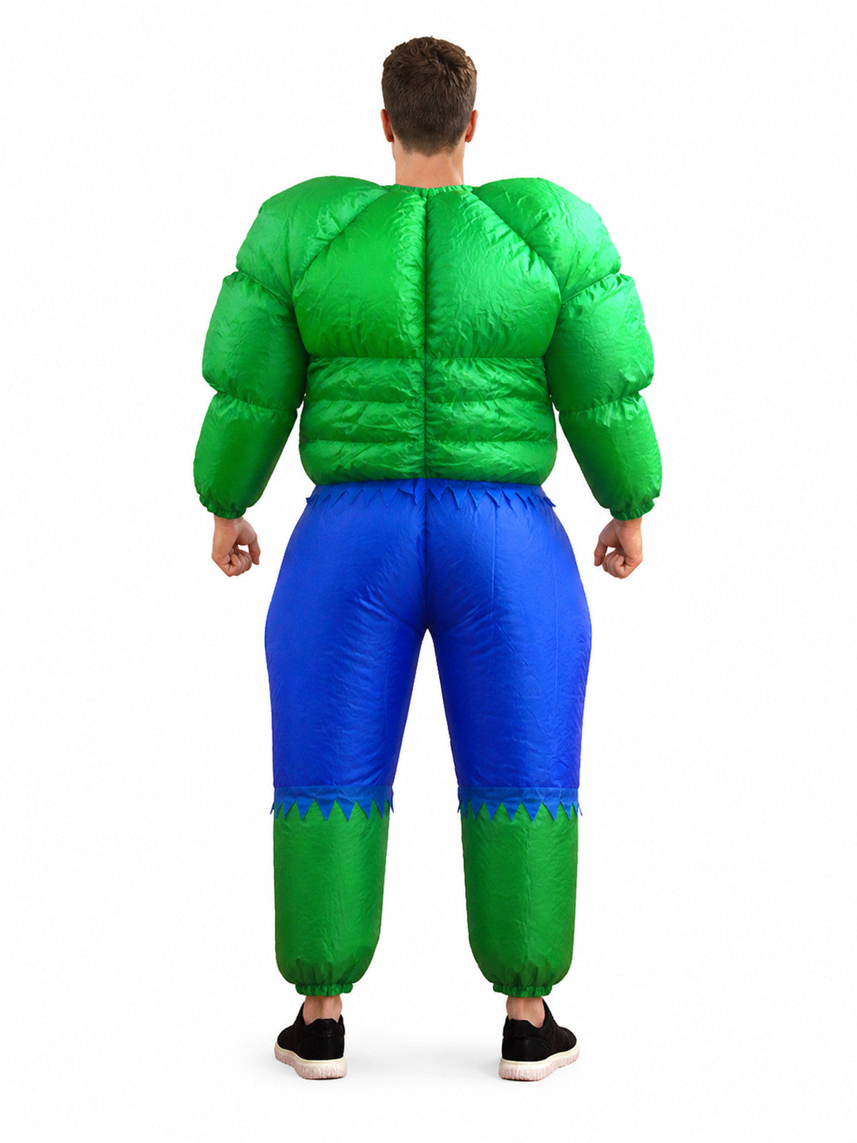 Inflatable jumpsuit, blue-green with zigzag trim back view