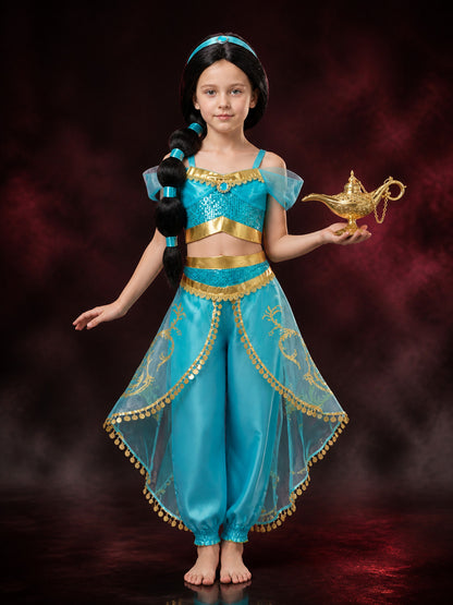 Kids Arabian Princess Sequin Costume Set with Wig, Headpiece and Lamp Prop main product view