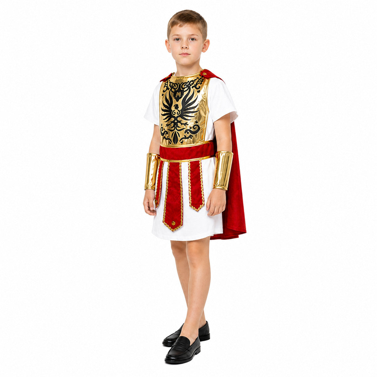 Roman Warrior Costume with Cape and Breastplate on-model front view