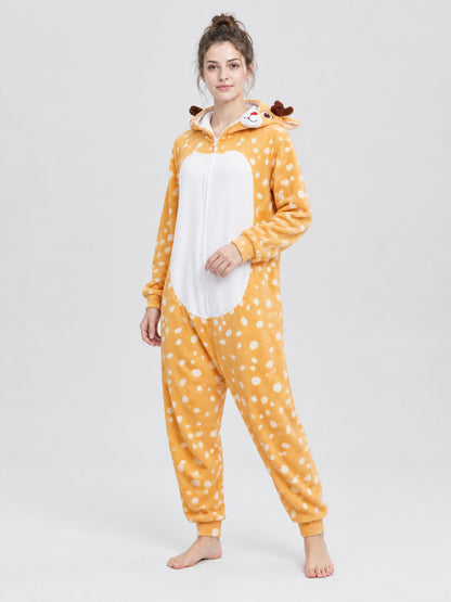 Yellow-Orange Fleece Pajama Jumpsuit with White Spots