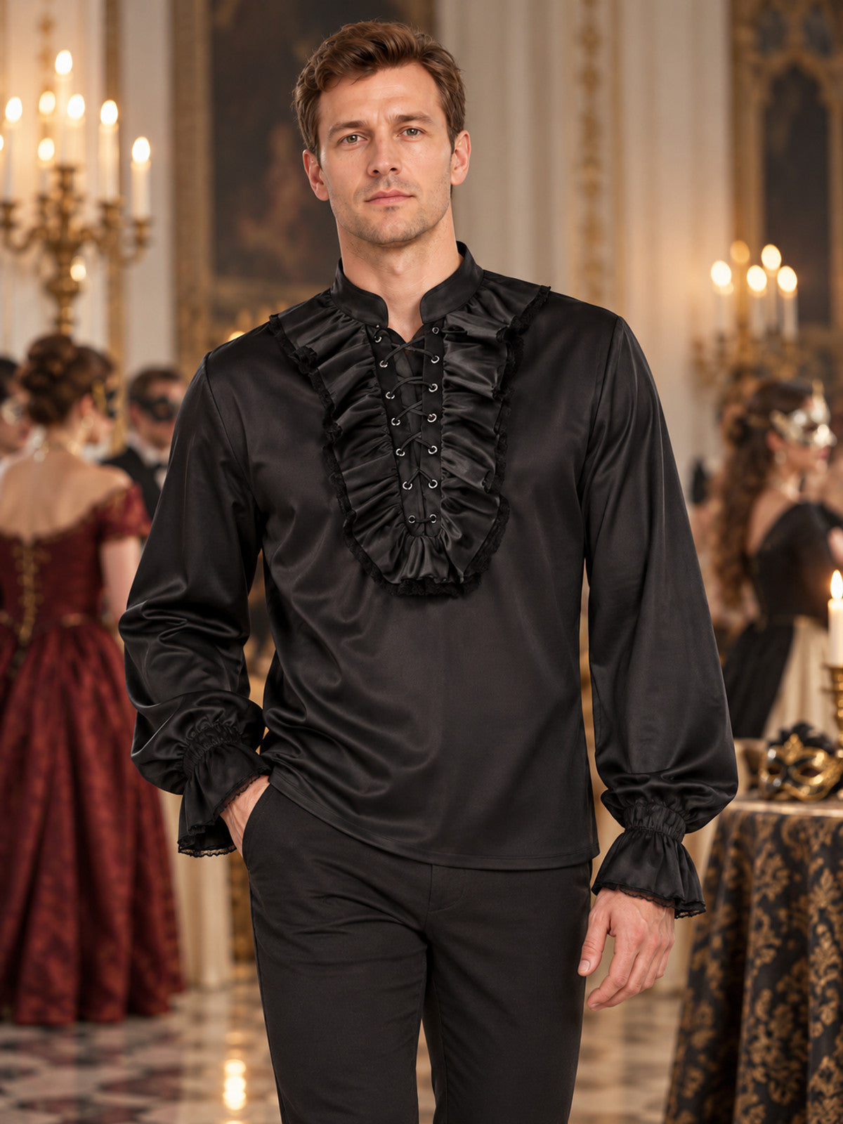 Black shirt with high collar and ruffles