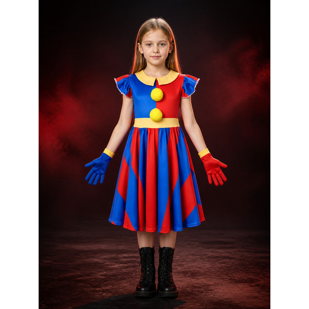 Pomni Clown Costume Dress Set, Red Blue Geometric Dress With Matching Gloves main product view