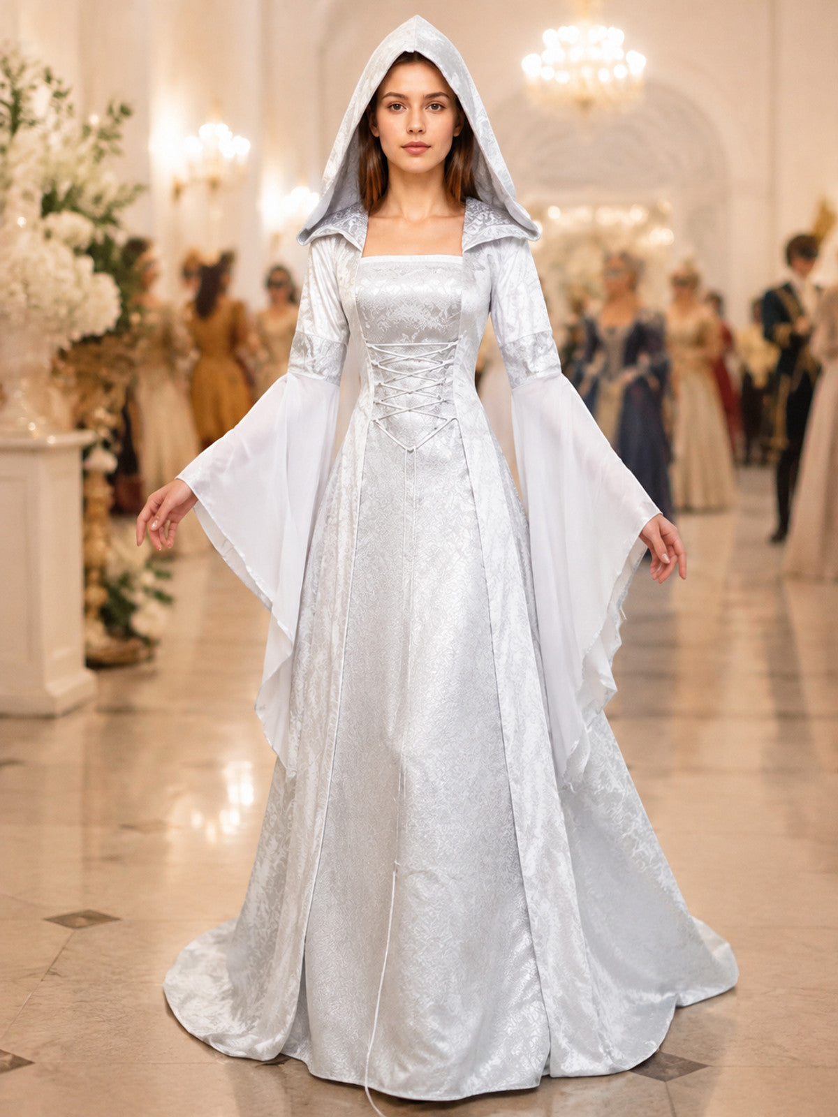 White Medieval Hooded Dress for Cosplay lifestyle view