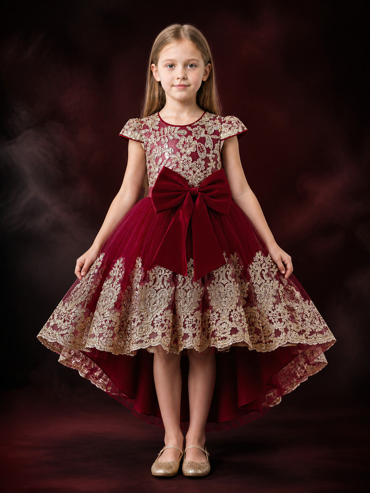 Girls' Maroon Princess Dress with Gold Lace Embroidery, Bow and High-Low Train main product view