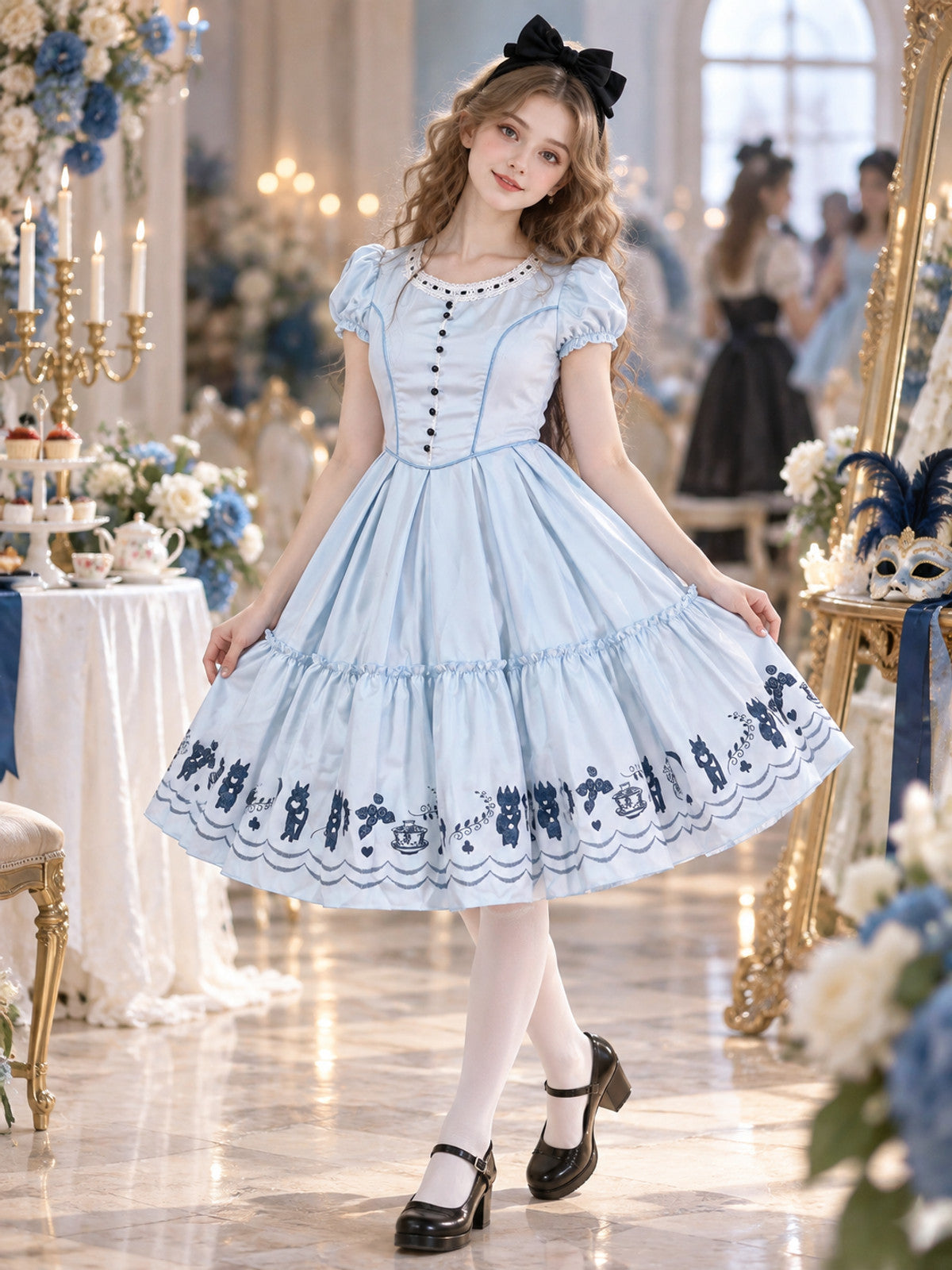 Light blue Lolita-style dress with black bow