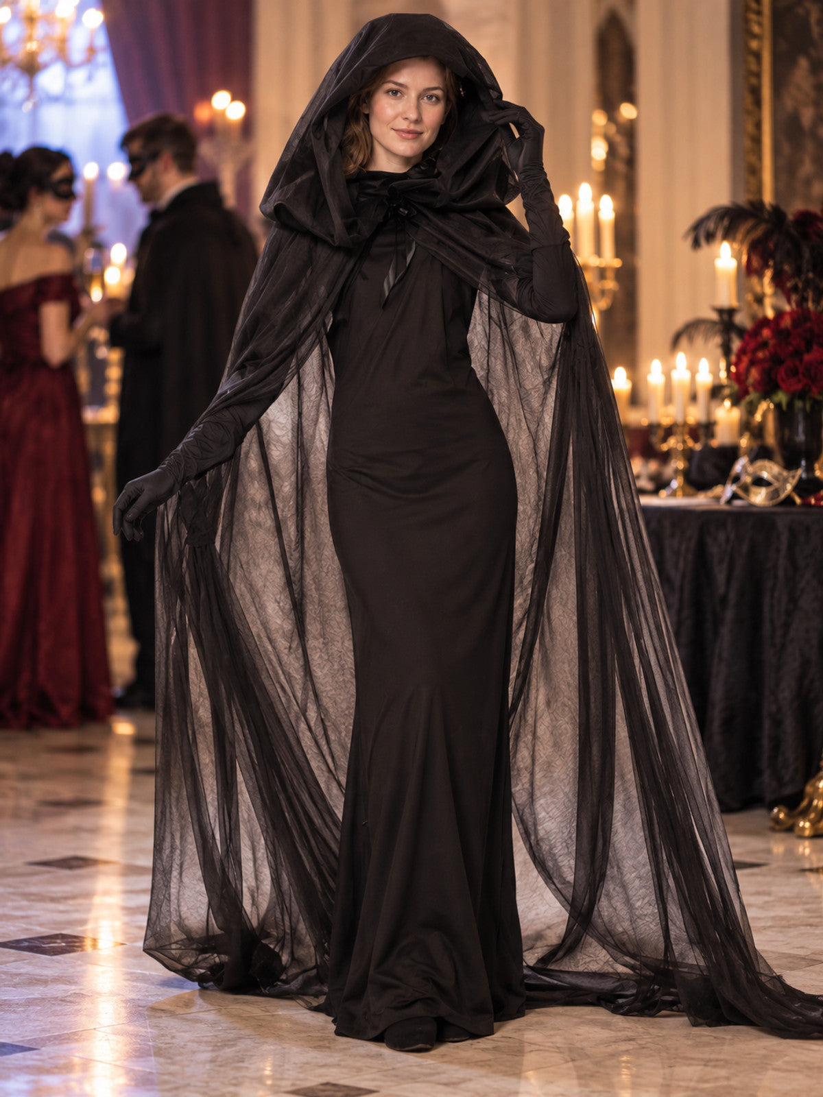 Black vampire carnival costume with cape and hood