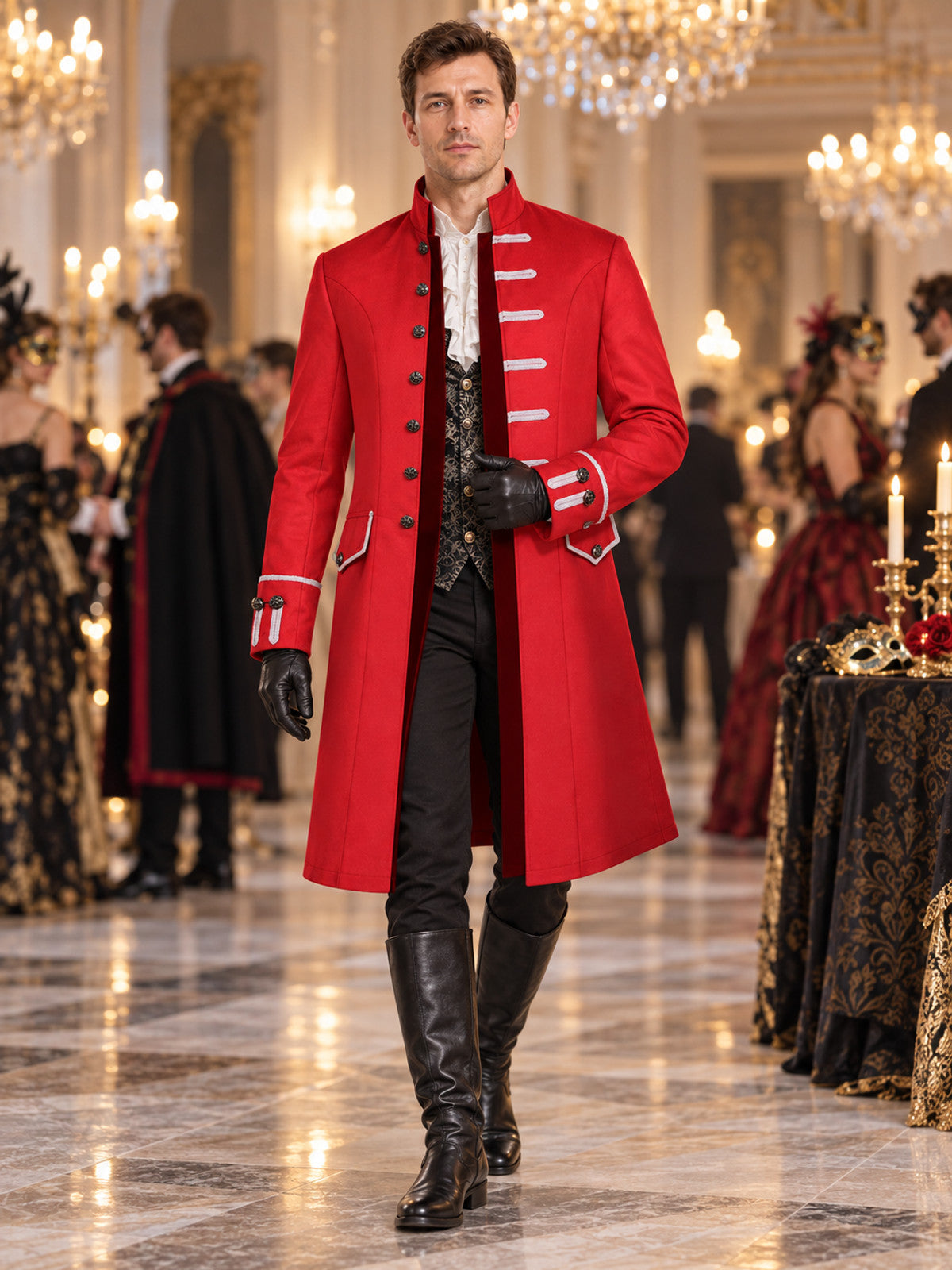 Long Red Frock Coat with Contrasting Trim