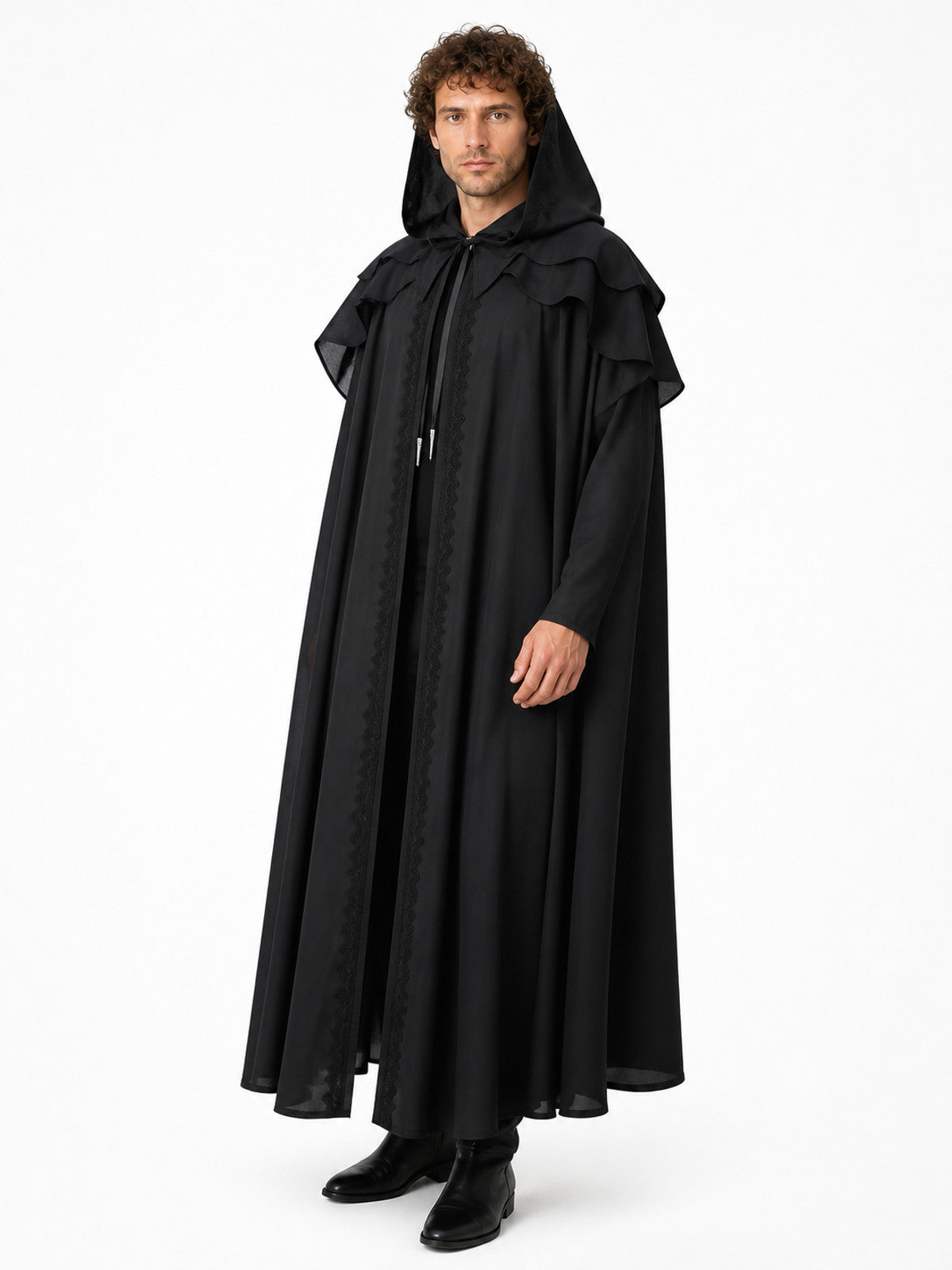 Black Medieval Hooded Cape with Ruffles Costume Capes detail