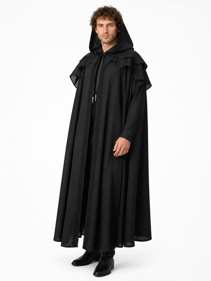 Black Medieval Hooded Cape with Ruffles Costume Capes detail