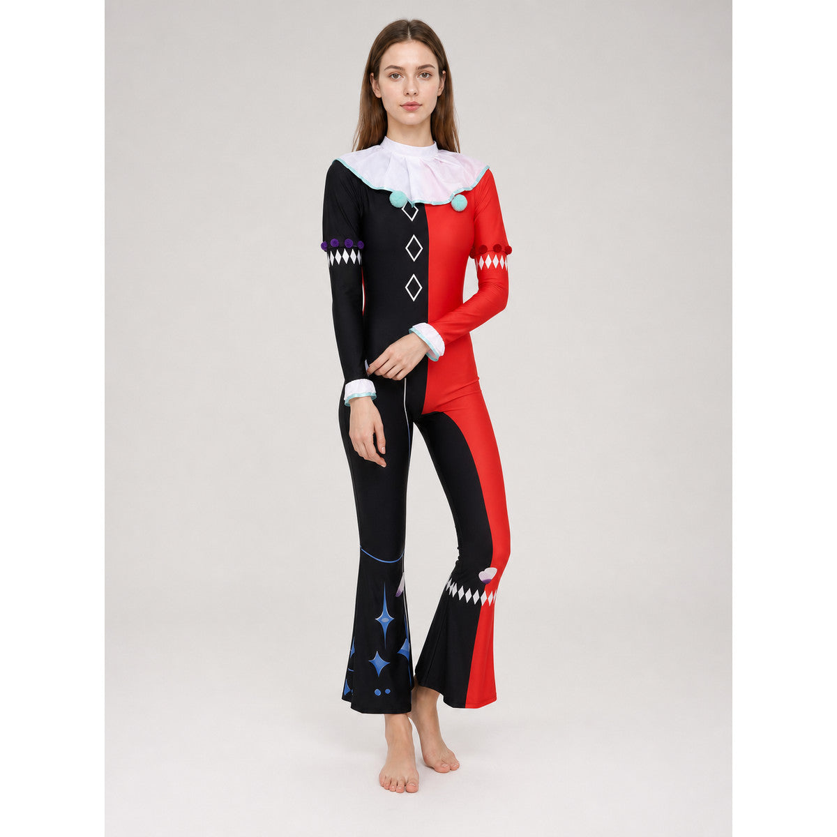 The one-piece ghost clown costume is designed in a theatrical circus style. The set includes a jumpsuit, a two-tone clown hat, a white ruffled collar, a shoulder piece, and cuff details. The look is based on a contrasting combination of bla