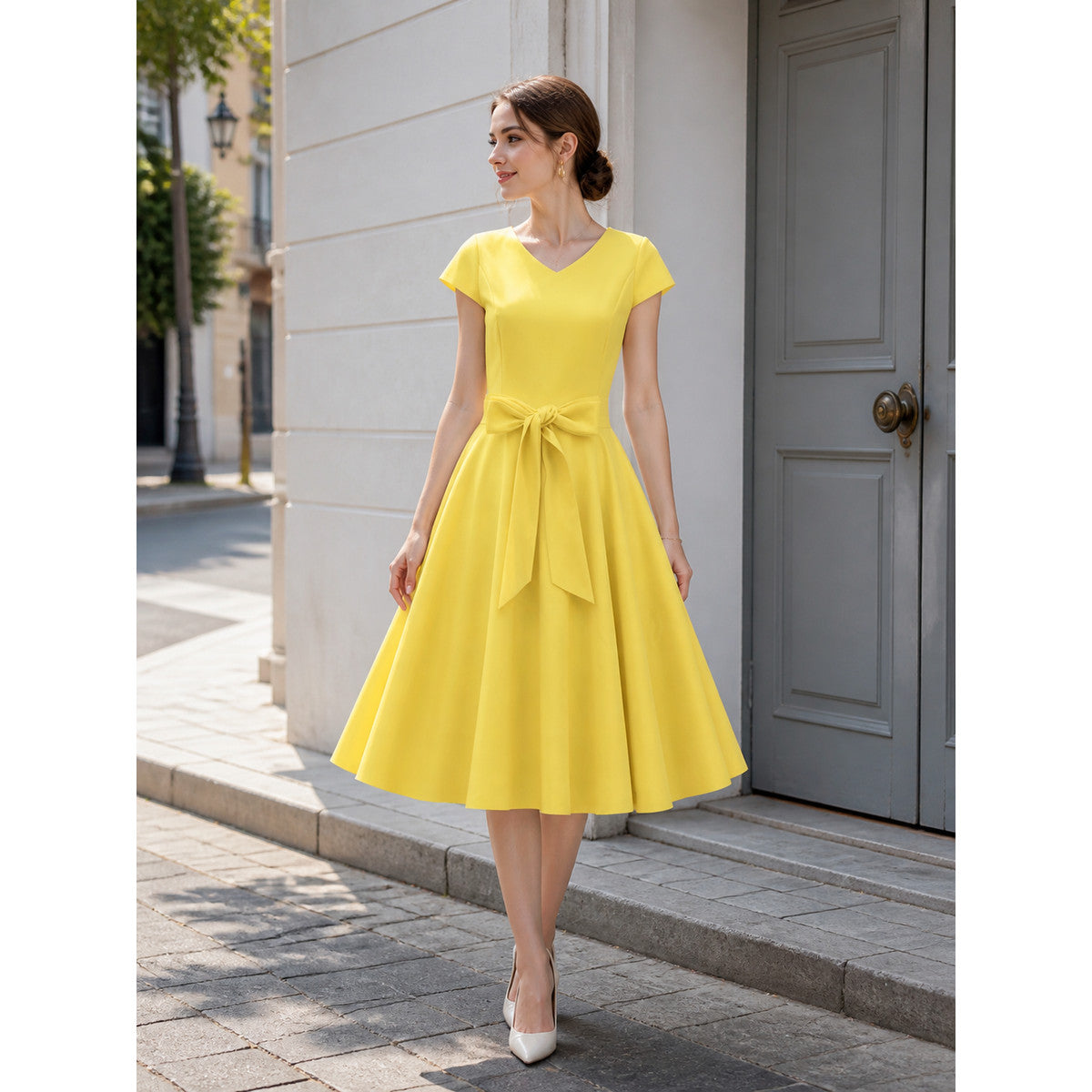 Yellow Dress with a V-Neck, Short Sleeves, and a Bow