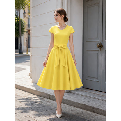 Yellow Dress with a V-Neck, Short Sleeves, and a Bow
