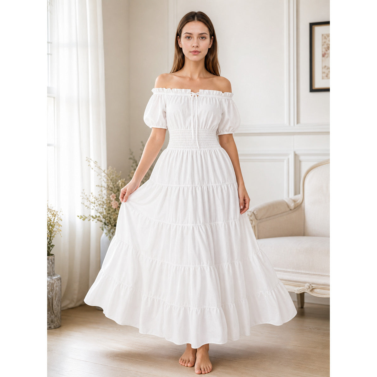 White Off-Shoulder Maxi Dress with Tiered Skirt lifestyle