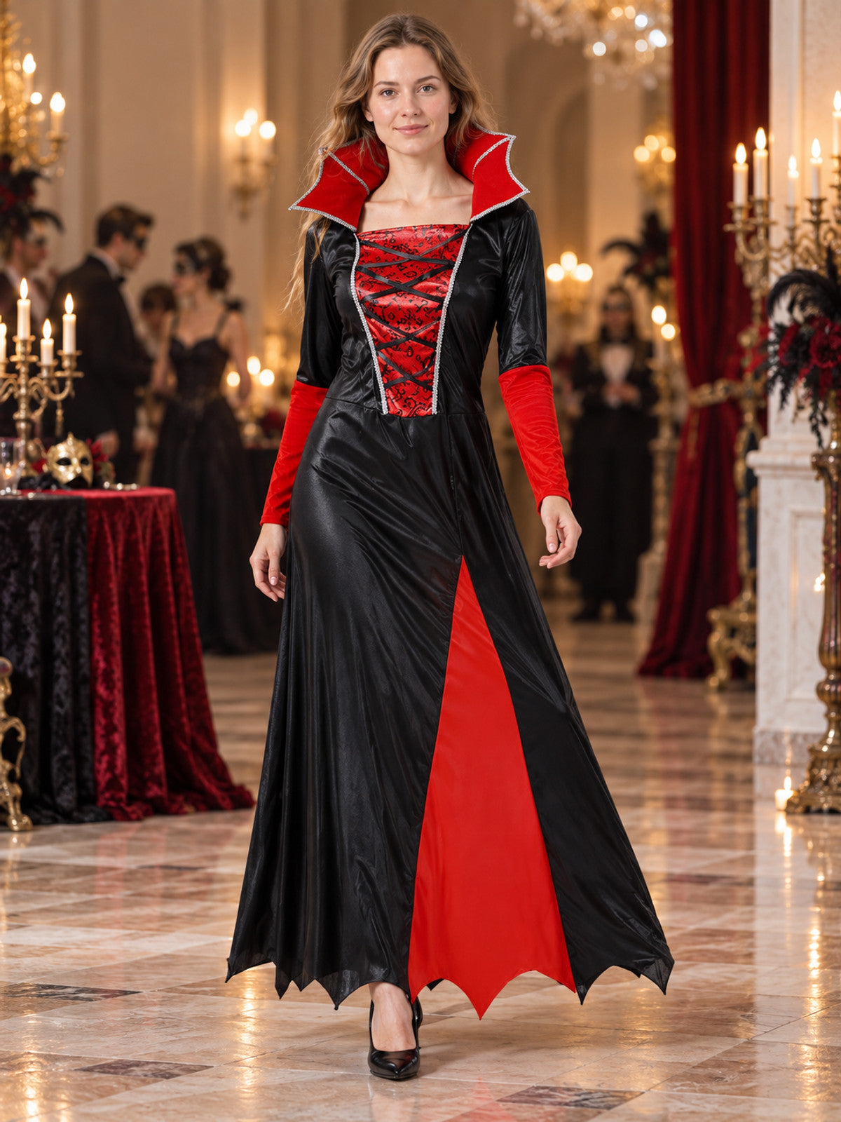 Floor-Length Carnival Dress with Red Inserts