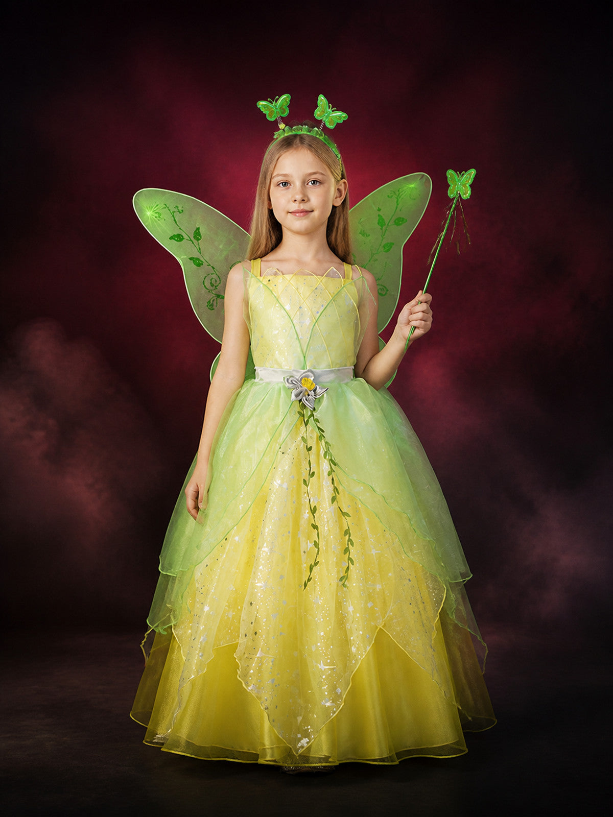 Girls' Fairy Princess Costume Dress with Butterfly Wings and Green Vine Pattern